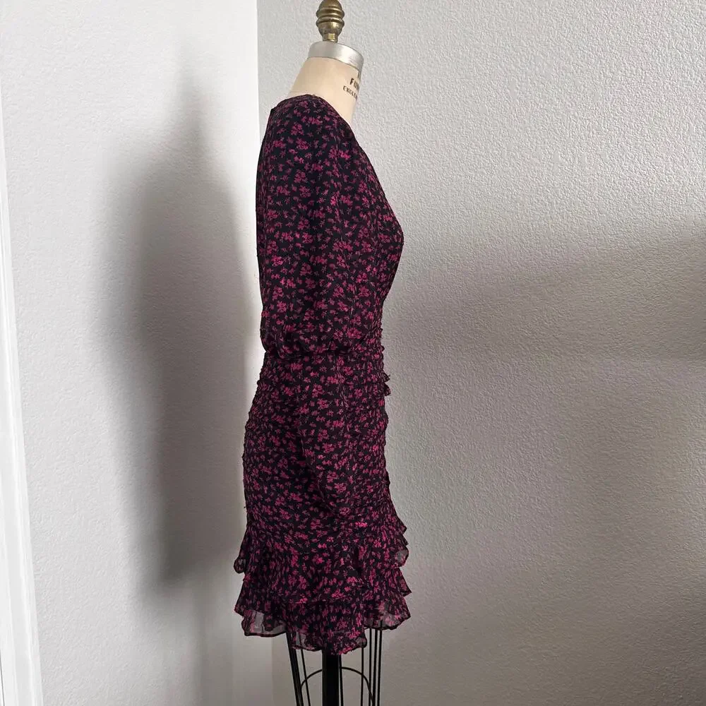ASTR The Label Claremore Ruched Mini Dress Black Magenta Floral Long Sleeve - Picture 2 of 9